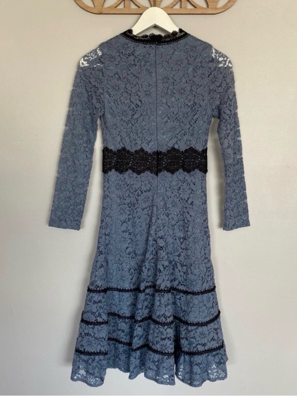 Metisu Blue Lace Long-Sleeve Midi Dress with Black Trim NWT - Picture 2 of 5